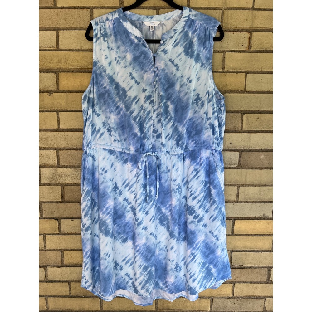 Time & Tru Blue Tie Dye Sleeveless Drawstring Waist‎ Pocket Dress Size XXL 20